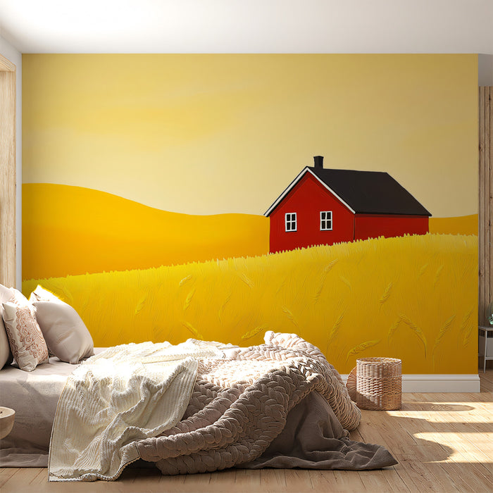 Stylized Red House in Golden Field Mural Wallpaper | Minimalist Rural Scene