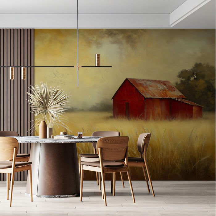Rustic Red Barn in Golden Field Mural Wallpaper | Traditional Farmhouse Landscape Art