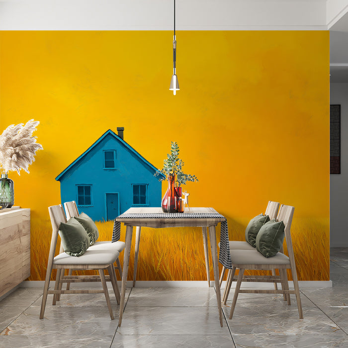 Minimalist Blue House in Yellow Field Mural Wallpaper | Vibrant Idyllic Landscape