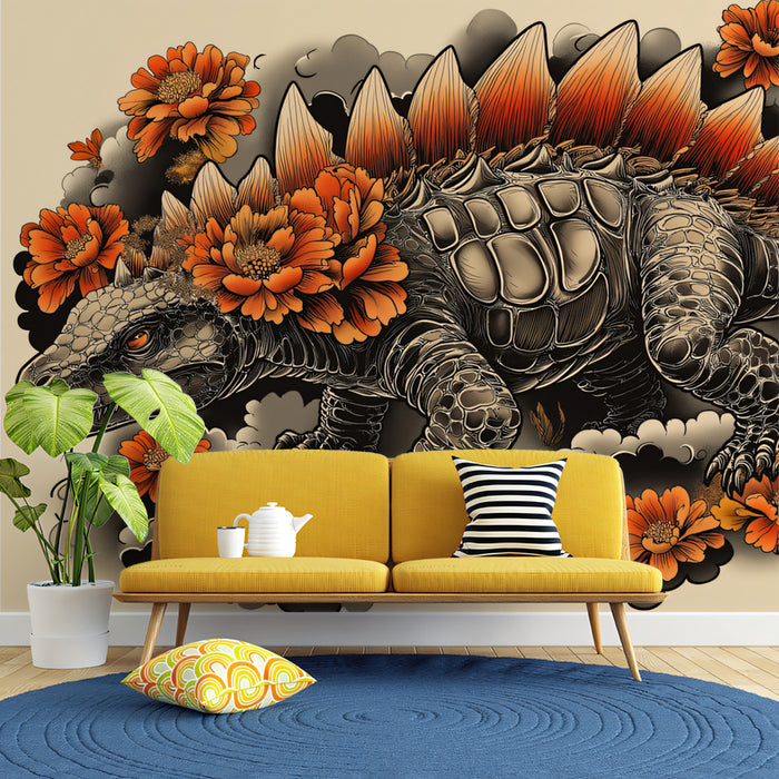 Dynamic Stegosaurus Tattoo Art Mural Wallpaper | Fierce Reptile & Floral Design
