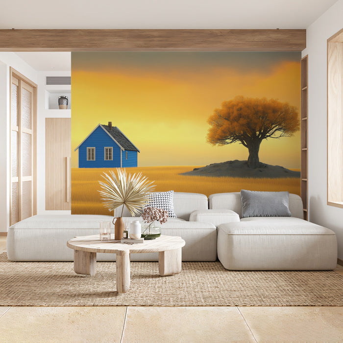 Carta da parati con murale di una casa blu e un albero autunnale | Paesaggio minimalista con campo dorato