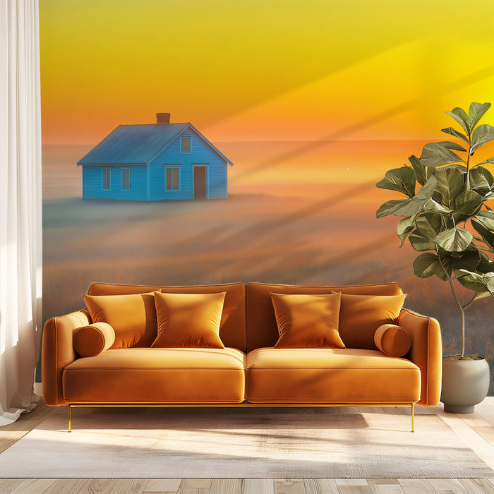 Murale con Casa e Figura Blu Etereo in Campo Nebbioso | Paesaggio al Tramonto Sognante