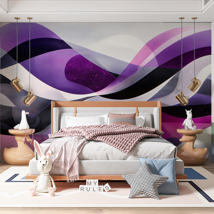 Abstract Flowing Purple Waves Mural Wallpaper | Dynamic Modern Art with Gradient Hues