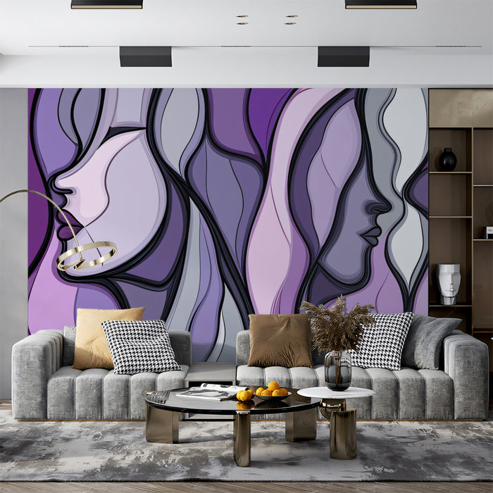 Abstract Purple Faces Mural Wallpaper | Modern Figurative Art with Fluid Shapes