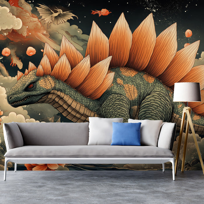 Dynamic Stegosaurus Sky Art Mural Wallpaper | Mythical Reptile & Floral Fantasy