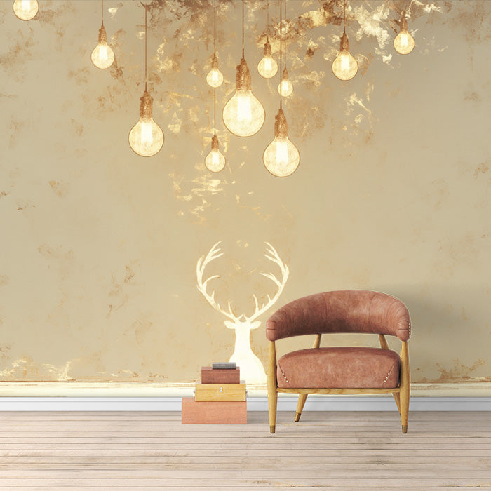 Papier peint mural Rustique Cerf & Lumières, tons beige chauds, taille personnalisée, autocollant, minimaliste nordique, décoration murale cosy