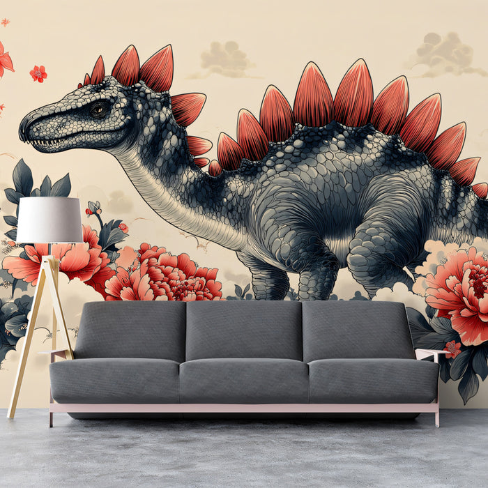 Graceful Stegosaurus Floral Art Mural Wallpaper | Serene Reptile & Bloom Fantasy