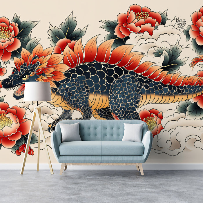Majestic Dragon Dinosaur Tattoo Art Mural Wallpaper | Fierce Oriental Reptile & Floral Design