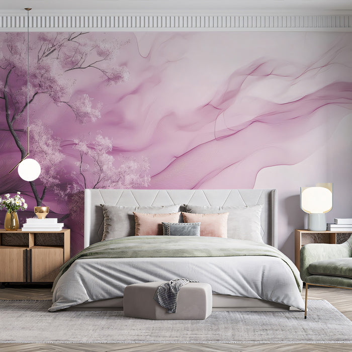 Ethereal Pink Tree & Swirls Mural Wallpaper | Dreamy Abstract Floral Art
