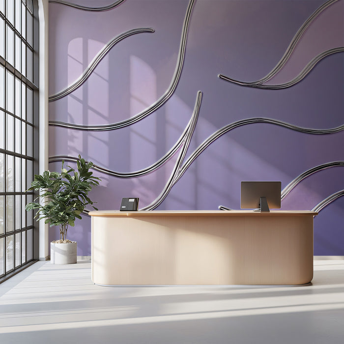 Abstract Silver Wavy Lines Mural Wallpaper | Modern Flowing Metallic Art