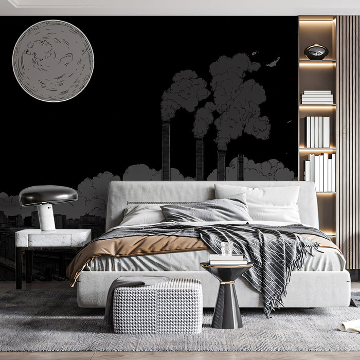 Monochrome City Night Sky Mural Wallpaper | Industrial Landscape with Lunar Glow