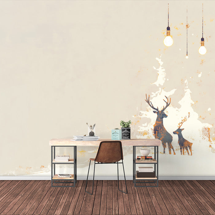 Minimalistisches Hirsch- und Glühbirnen-Wandbild | Beige Braun und Weiß