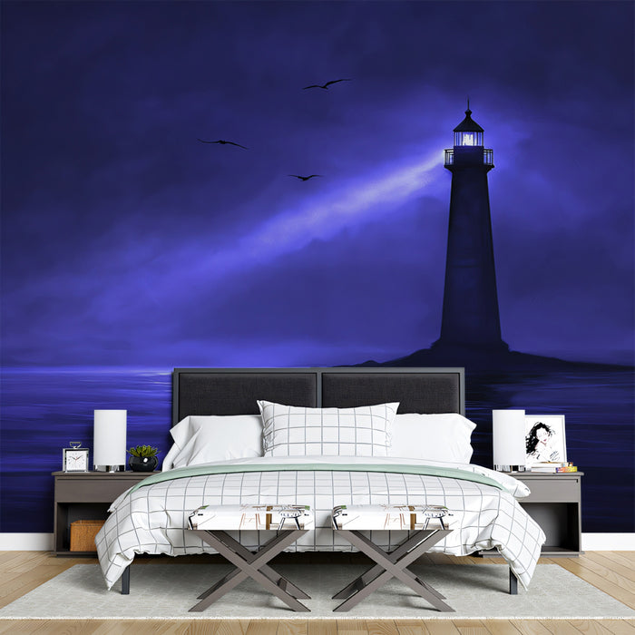 Mystical Lighthouse Night Mural Wallpaper | Ethereal Coastal Scene with Moon & Fog