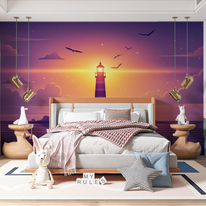 Majestic Lighthouse Sunset Mural Wallpaper | Vibrant Coastal Beacon Art