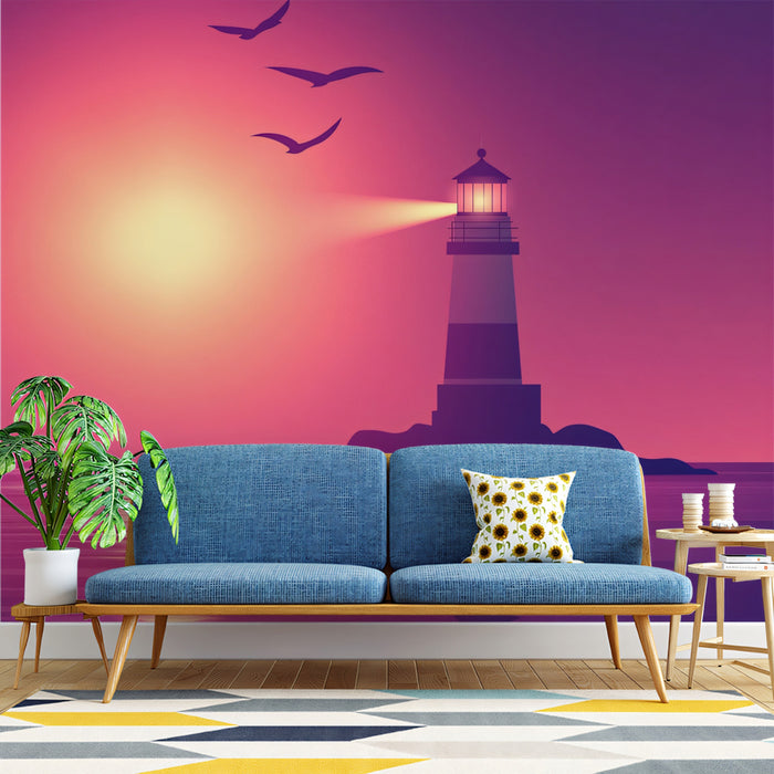 Lighthouse at Sunset Mural Wallpaper | Serene Coastal Beacon Art