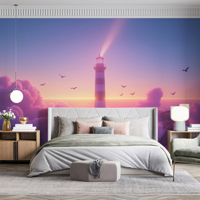 Lighthouse Above Clouds Mural Wallpaper | Ethereal Coastal Sunset Fantasy