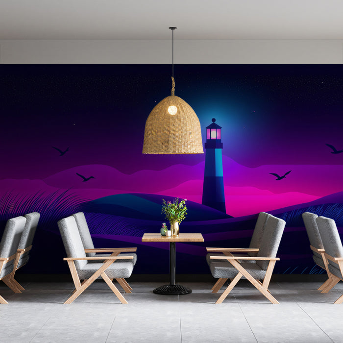 Neon Lighthouse Night Mural Wallpaper | Vibrant Coastal Beacon Art