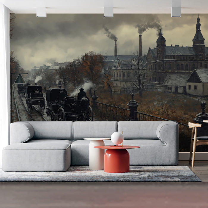 Vintage Industrial Train City Mural Wallpaper | Gritty Urban Landscape with Steam Locomotives