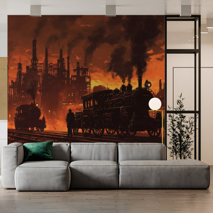 Murale di carta da parati con tramonto industriale infuocato | Spettacolare città ferroviaria con cielo rosso