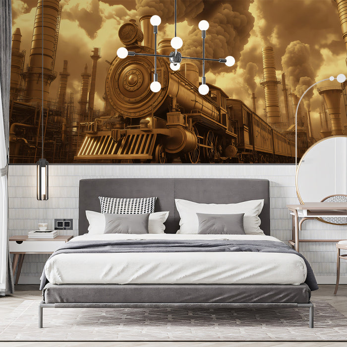 Golden Steam Locomotive Mural Wallpaper | Monumental Industrial Art