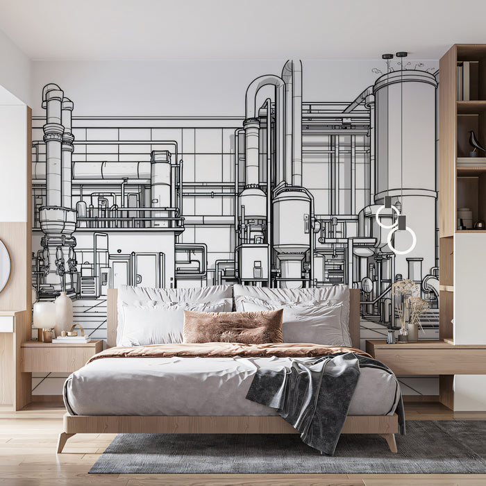 Industrial Complex Line Art Mural Wallpaper | Minimalist Architectural Blueprint Scene