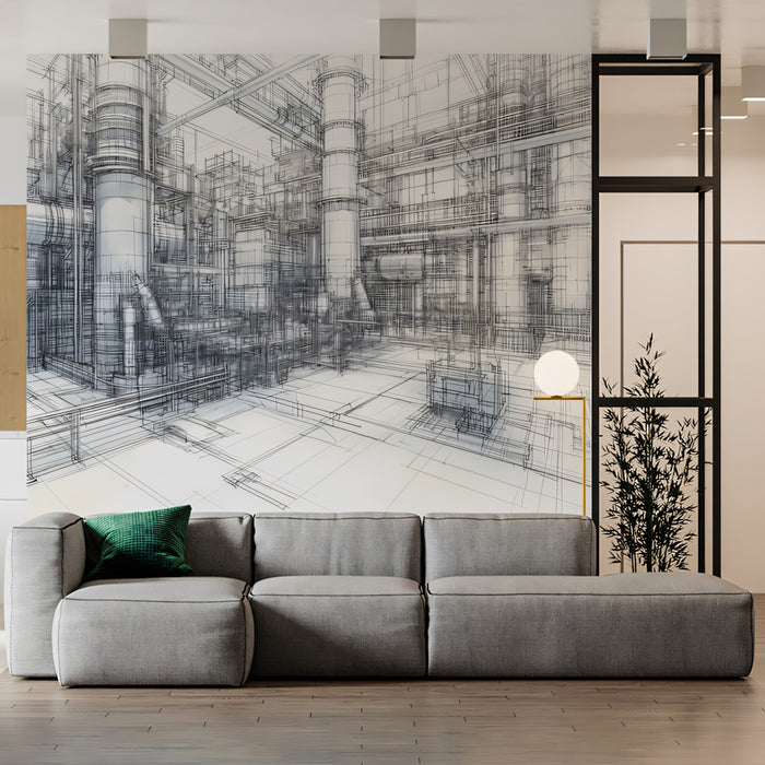 Carta da parati murale con schizzo industriale complesso | Prospettiva astratta di blueprint architettonico