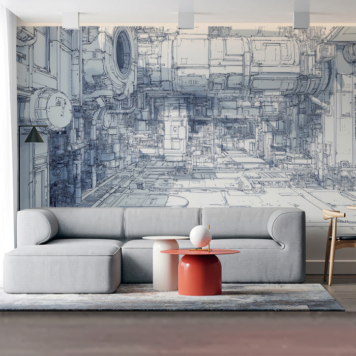 Futuristic Industrial Blueprint Mural Wallpaper | Sci-Fi Architectural Line Art