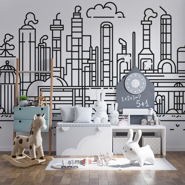Minimalist Industrial Skyline Mural Wallpaper | Clean Line Art Factory Landscape