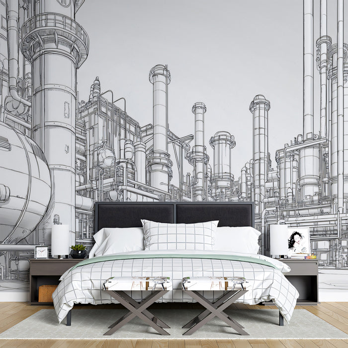 Papel tapiz mural paisaje boceto industrial abstracto | Arte de fábrica urbana moderna