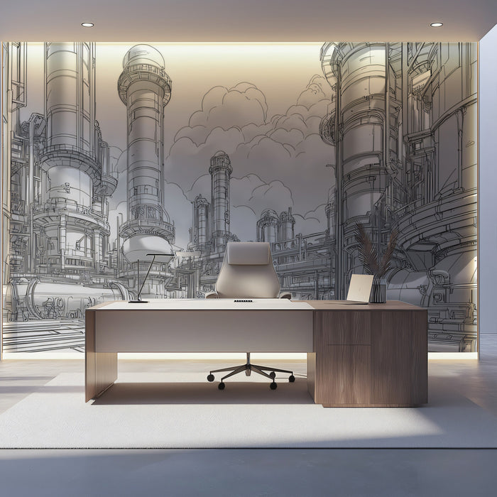 Murale con carta da parati a linee artistiche di torri industriali | Schizzo architettonico moderno