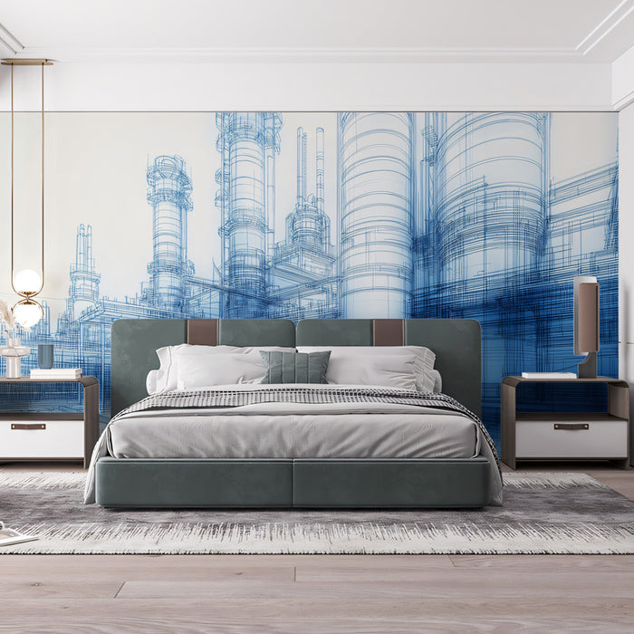 Blueprint Industrial Complex Mural Wallpaper | Abstract Architectural Line Art in Blue