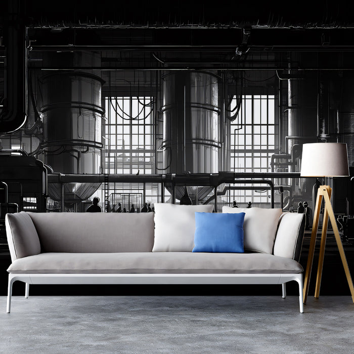 Moody Industrial Interior Mural Wallpaper | Gritty Monochrome Factory Scene
