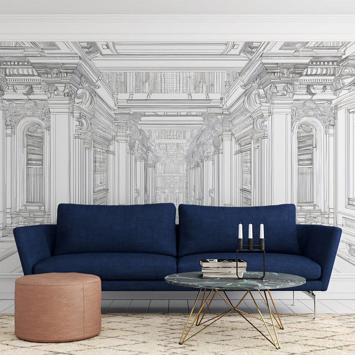 Grand Classical Architecture Line Art Mural Wallpaper | Detailed Palace Interior Sketch