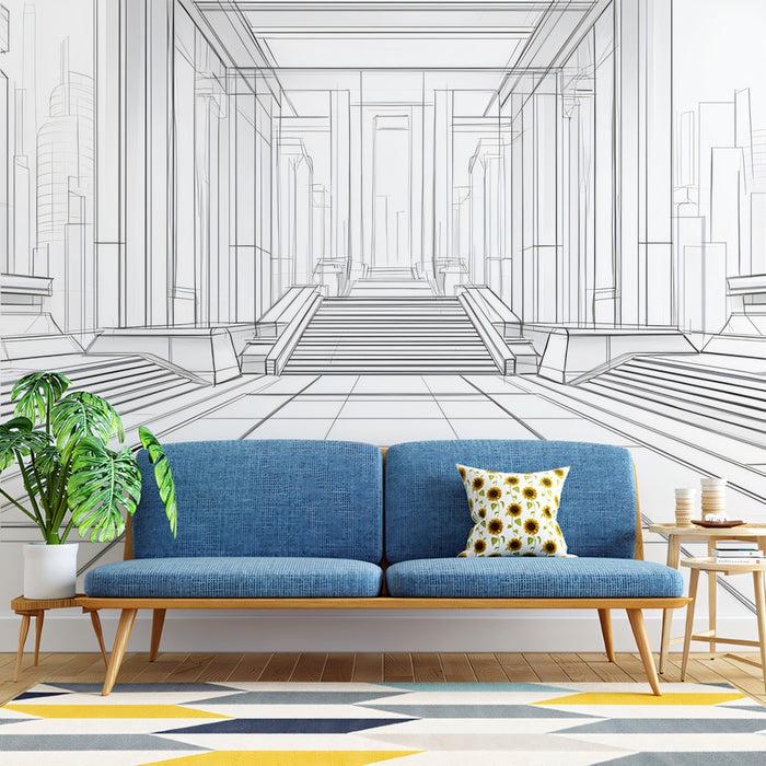 Grand Architectural Hallway Line Art Mural Wallpaper | Futuristic Palace Interior Sketch