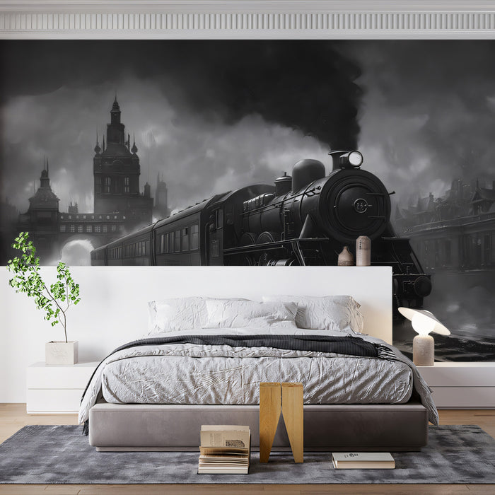 Vintage Steam Train Night Mural Wallpaper | Moody Monochrome Industrial Landscape