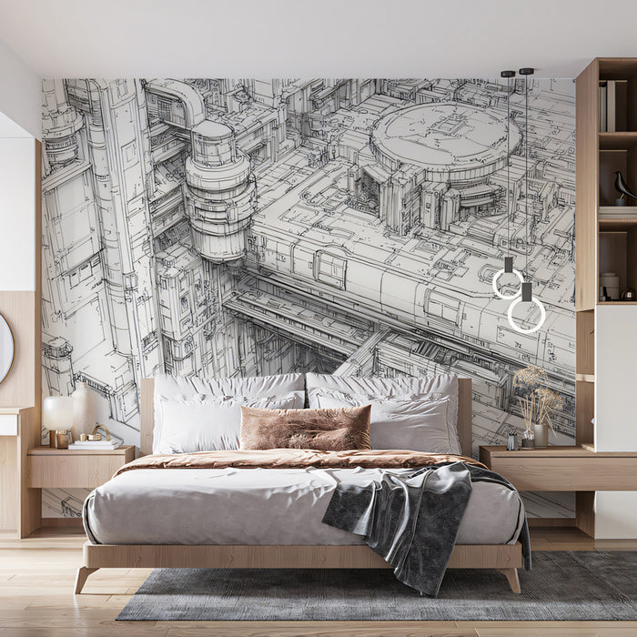 Abstract Industrial Cityscape Mural Wallpaper | Futuristic Architectural Line Art Detail