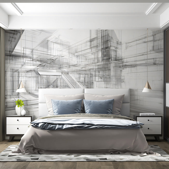 Abstract Architectural Sketch Mural Wallpaper | Modern Interior Design Blueprint