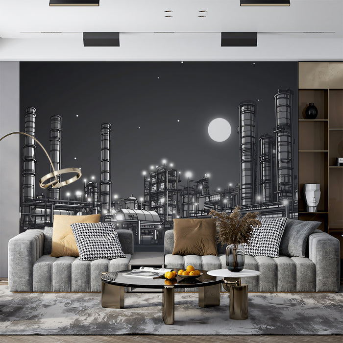 Industrial Nightscape Mural Wallpaper | Monochrome Factory with Glowing Lights