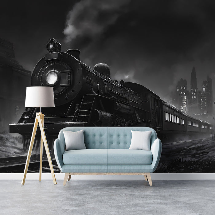 Moody Steam Train Night Mural Wallpaper | Classic Monochrome Urban Landscape