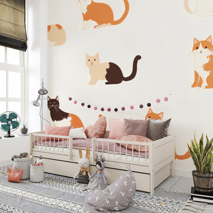 Playful Cat Pattern Mural Wallpaper | Charming Feline Friends Collection