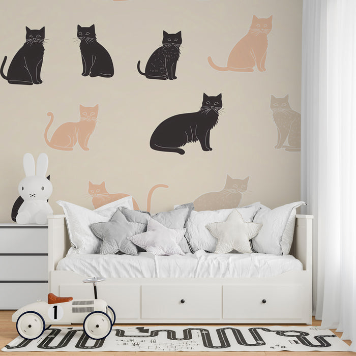 Playful Cat Pattern Mural Wallpaper | Charming Feline Friends Collection