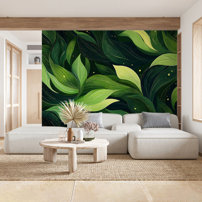 Murale di carta da parati con fogliame verde astratto | Arte di foglie texture rigogliose con bagliore sottile
