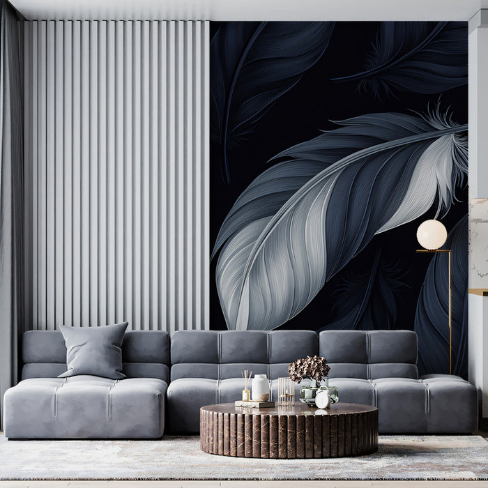 Abstract Dark Blue Feather Mural Wallpaper | Moody Flowing Art with White Accents