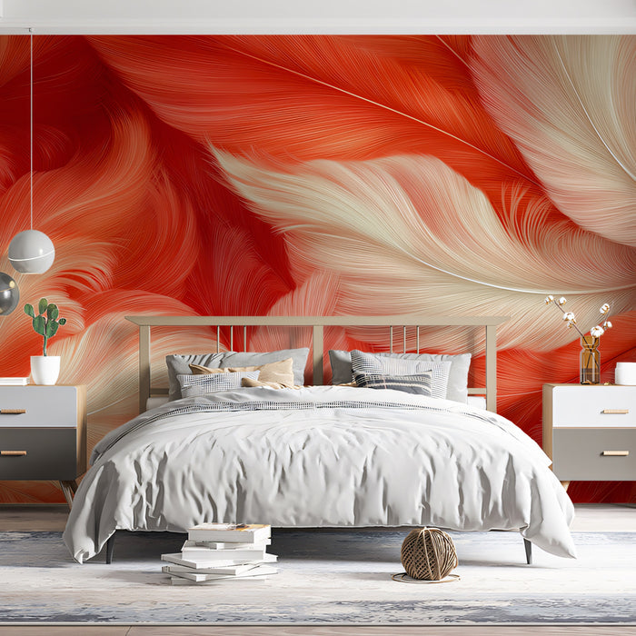 Abstract Orange & White Feather Mural Wallpaper | Dynamic Flowing Art