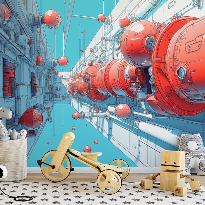 Futuristic Industrial Corridor Mural Wallpaper | Sci-Fi Pipeline System Art