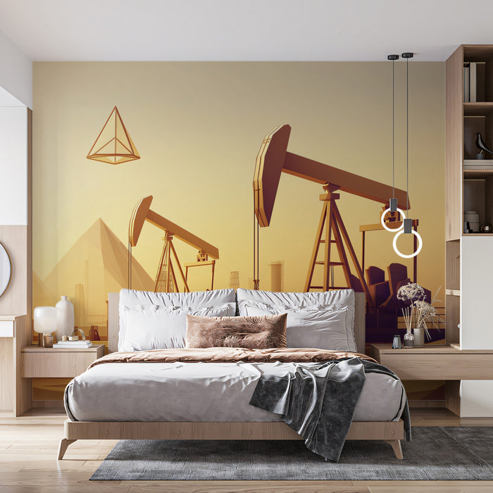 Abstract Desert Oil Rigs Mural Wallpaper | Stylized Industrial Landscape with Pyramids