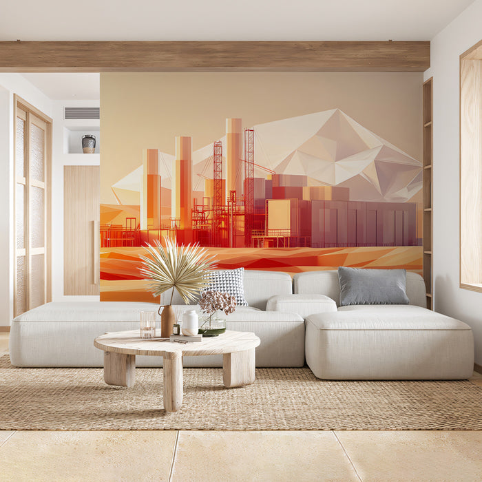 Abstract Industrial Pyramid Landscape Mural Wallpaper | Stylized Factory with Geometric Mountains