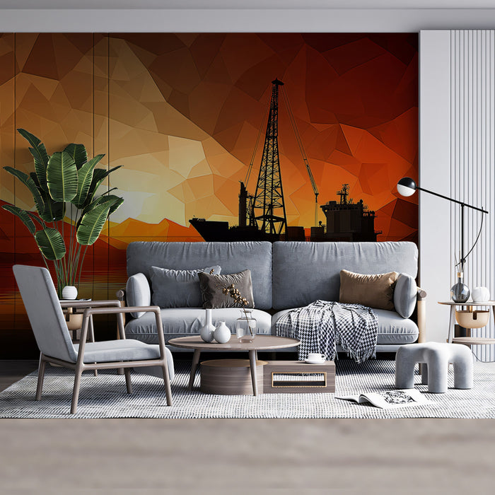 Abstract Sunset Port Mural Wallpaper | Stylized Cargo Ship & Crane Landscape