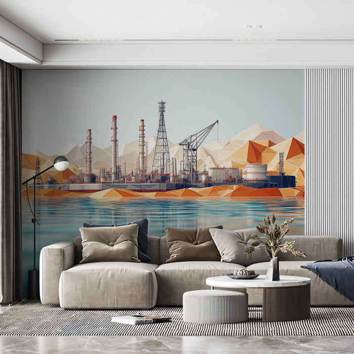 Abstract Coastal Industrial Complex Mural Wallpaper | Stylized Factory with Mountains & Ocean