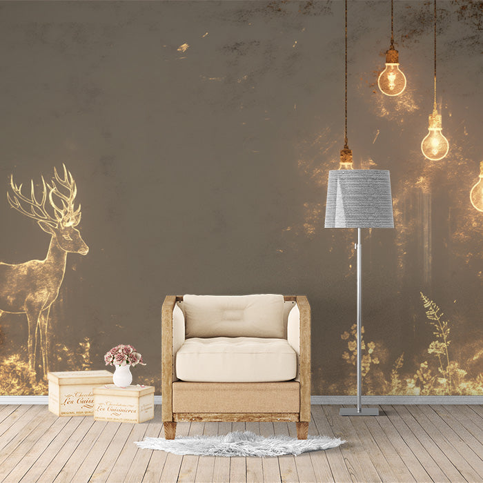 Papier peint mural Forêt sombre et cerfs | Cerfs noirs, marron et vert foncé -1